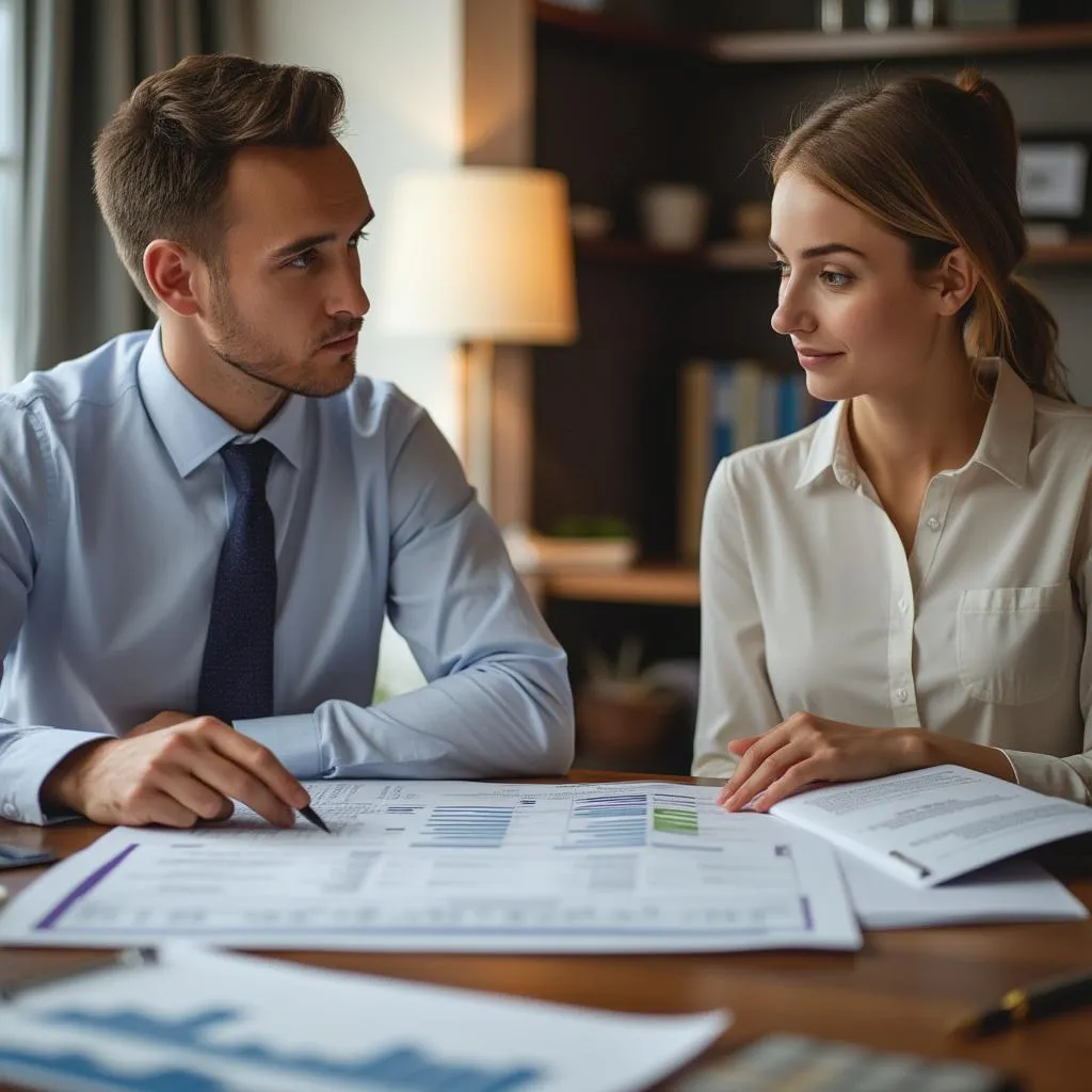 Consultor de FinanzasArg asesorando a un cliente en una oficina