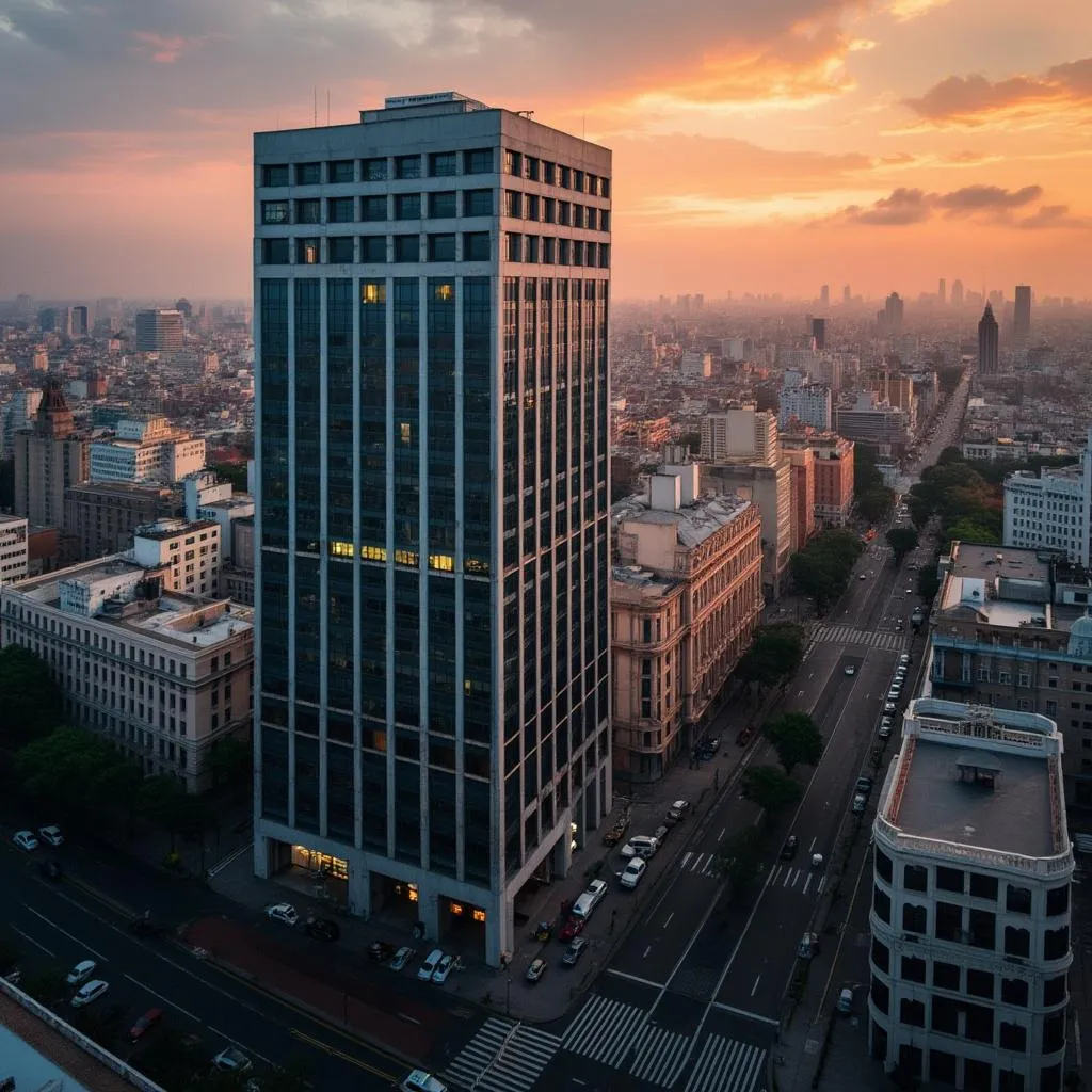 Edificio de oficinas moderno en Buenos Aires, sede de FinanzasArg